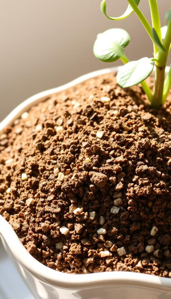 A neatly organized potting mix, featuring a rich blend of chunky dragon fruit soil, perlite, and coco coir. The mix is carefully arranged in an elegant ceramic planter, bathed in soft, natural lighting that accentuates its earthy tones. The texture is invitingly loamy, with visible particles of compost and perlite creating a visually appealing, well-aerated substrate. The composition is balanced, with a sense of depth and dimensionality, conveying the ideal environment for thriving dragon fruit plants.