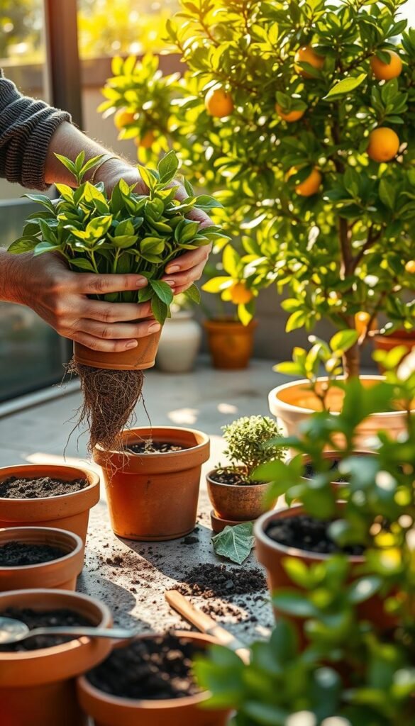 A neatly organized potting station in a sunlit patio, showcasing the process of repotting a lush, vibrant citrus plant. In the foreground, weathered hands carefully transfer the fragrant plant into a terracotta pot, its roots carefully positioned. Soil and small gardening tools are arranged in the middle ground, while in the background, a verdant citrus tree casts dappled shadows, hinting at the potential growth of the newly potted specimen. Warm, golden light filters through the scene, creating a soothing, inviting atmosphere that captures the essence of compact citrus cultivation.