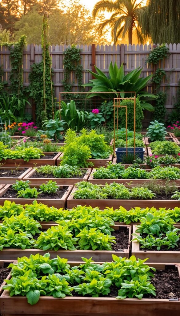 A neatly organized raised garden bed layout, showcasing an efficient and visually appealing vegetable garden design. The foreground features a series of rectangular raised beds, meticulously arranged in a grid pattern, with lush, vibrant greenery spilling over the edges. The middle ground presents a blend of complementary vegetation, including trailing vines, tall leafy plants, and colorful flowering species, all meticulously tended. In the background, a tranquil setting with a wooden fence or trellis, bathed in warm, golden-hour lighting, creates a serene and inviting atmosphere. The overall composition emphasizes the harmony between functionality and aesthetics, highlighting the potential of a thoughtfully planned vegetable garden layout.