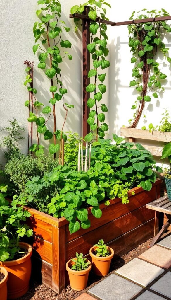 A neatly organized small space garden, featuring lush greenery in various hues. A raised planter box takes center stage, filled with thriving herbs and vegetables. In the background, a trellis supports climbing vines, adding vertical interest. The scene is bathed in warm, natural lighting, casting gentle shadows across the compact layout. The overall atmosphere exudes a sense of tranquility and productivity, inviting the viewer to envision themselves tending to this bountiful urban oasis. Carefully positioned decorative elements, such as terracotta pots and a weathered garden bench, complete the charming and inviting tableau.