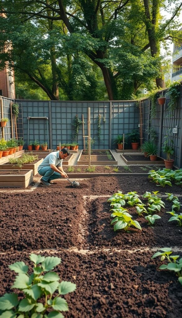 A neatly organized urban garden, its soil meticulously prepared for planting. In the foreground, a gardener crouches, carefully tilling the dark, rich earth with a small hand tiller, mindful of maximizing every inch of precious space. Surrounding the gardener, a mix of raised garden beds, potted plants, and vertical trellises create a harmonious, structured layout. Warm, diffused sunlight filters through the canopy of nearby trees, casting a soft, natural glow on the scene. The overall atmosphere exudes a sense of tranquility and intentionality, showcasing the potential for flourishing greenery within the confines of an urban environment.