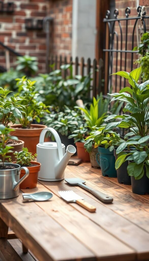 A neatly organized urban garden with lush potted plants, watering cans, and gardening tools arranged on a wooden table. Soft, natural lighting illuminates the scene, creating a warm and inviting atmosphere. In the background, a brick wall or rustic fence provides a cozy, city-inspired backdrop. The composition emphasizes the practicality and simplicity of maintaining a thriving urban garden, with a focus on easy-to-care-for plants and minimal, yet functional, tools and accessories.