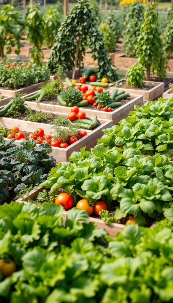A neatly organized vegetable garden layout with blocks of various crops, captured in a high-resolution photograph with a shallow depth of field. The foreground showcases rows of leafy greens, such as kale and lettuce, with the middle ground featuring raised garden beds filled with thriving tomato plants, zucchini, and bell peppers. In the background, a mix of herbs and root vegetables create a visually striking pattern. The lighting is soft and natural, highlighting the vibrant colors and textures of the plants. The overall composition emphasizes the efficient use of space and the thoughtful arrangement of the different vegetable varieties for maximum productivity.