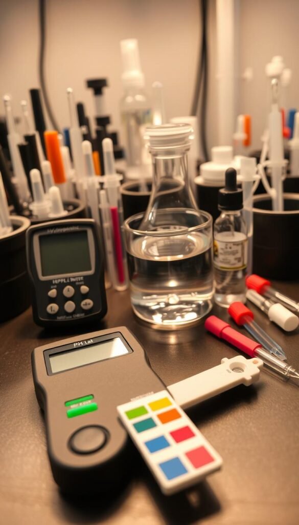 A neatly organized workbench showcases an array of hydroponic pH testing tools. In the foreground, a digital pH meter sits alongside pH test strips, their color-coded strips revealing the precise acidity levels. In the middle ground, a clear beaker filled with a calibration solution reflects the warm studio lighting. Behind them, a collection of pipettes, droppers, and pH testing kits are arranged in an orderly fashion, hinting at the systematic approach to maintaining optimal pH balance. The scene conveys a sense of scientific precision, inviting the viewer to understand the importance of diligent pH monitoring for the health of hydroponic plants.