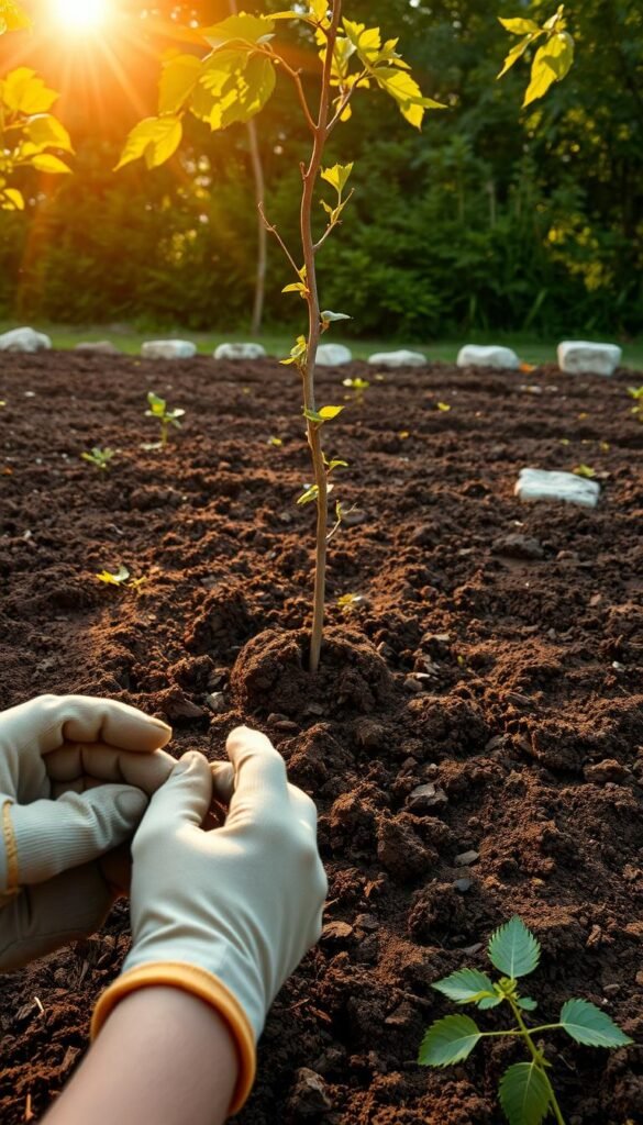 A neatly tilled garden bed, the soil a rich, dark brown hue, freshly turned and ready to welcome the roots of young fruit trees. In the foreground, a gardener's gloved hands gently break up clumps, incorporating organic matter to enrich the earth. Sunlight filters through leafy canopies, casting a warm, golden glow over the scene. In the middle ground, a small sapling, its tender stem supported by a sturdy stake, anticipates the day it will take firm root and flourish. Carefully placed stones line the perimeter, lending a sense of order and purpose to the preparation. The background showcases a lush, verdant backdrop, hinting at the vibrant growth to come. A serene, tranquil atmosphere pervades, inviting the viewer to imagine the future harvest of healthy, bountiful fruit.