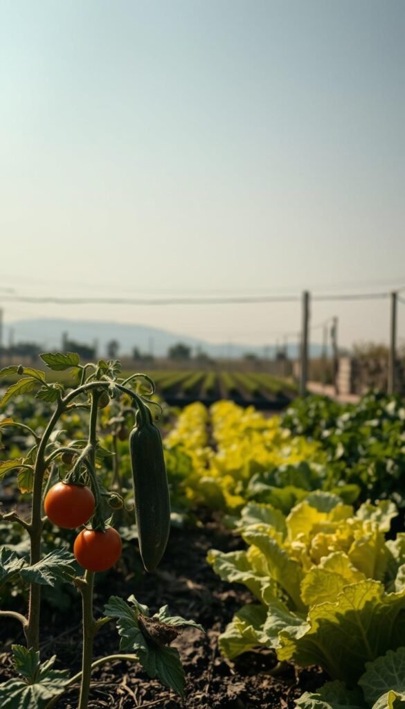 A parched, wilting vegetable garden under the scorching summer sun. In the foreground, stunted tomato plants sag, their leaves curling inward. Nearby, a zucchini plant droops, its once-vibrant green foliage now a dull, discolored mess. In the middle ground, a once-thriving row of lettuce stands limp and yellow, struggling to survive the intense heat. The background is hazy, with the horizon shimmering in the distance, a testament to the oppressive temperature. The scene is bathed in a harsh, overhead light, casting deep shadows and emphasizing the plants' distress. An eerie, desaturated color palette conveys the sense of environmental stress. The overall mood is one of withering, lifeless desperation, a cautionary tale of the challenges faced by summer vegetable gardens.