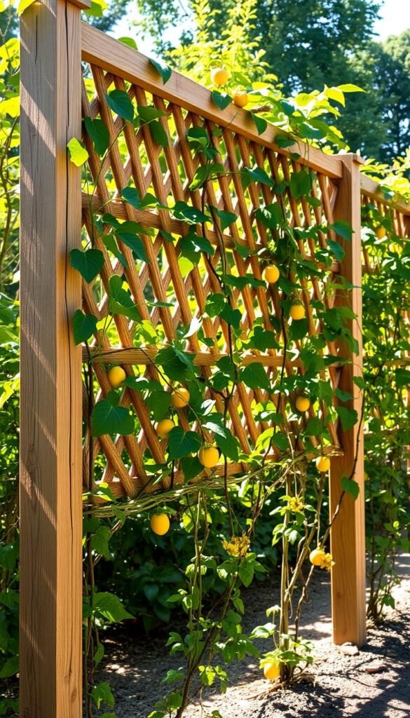 A passion fruit trellis, sturdy and stable, stands tall against a backdrop of lush greenery. The structure is crafted from weathered wood, its intricate lattice pattern casting dappled shadows across the verdant vines that cling to it. Sunlight filters through the leaves, creating a warm, golden glow that highlights the vibrant passion fruit blossoms dotting the scene. The trellis is angled slightly, its posts firmly anchored in the soil, conveying a sense of unwavering support and security for the thriving passion fruit plants. A serene, nature-inspired atmosphere pervades the frame, inviting the viewer to imagine the bountiful harvest that will soon grace this well-designed, reliable support system.