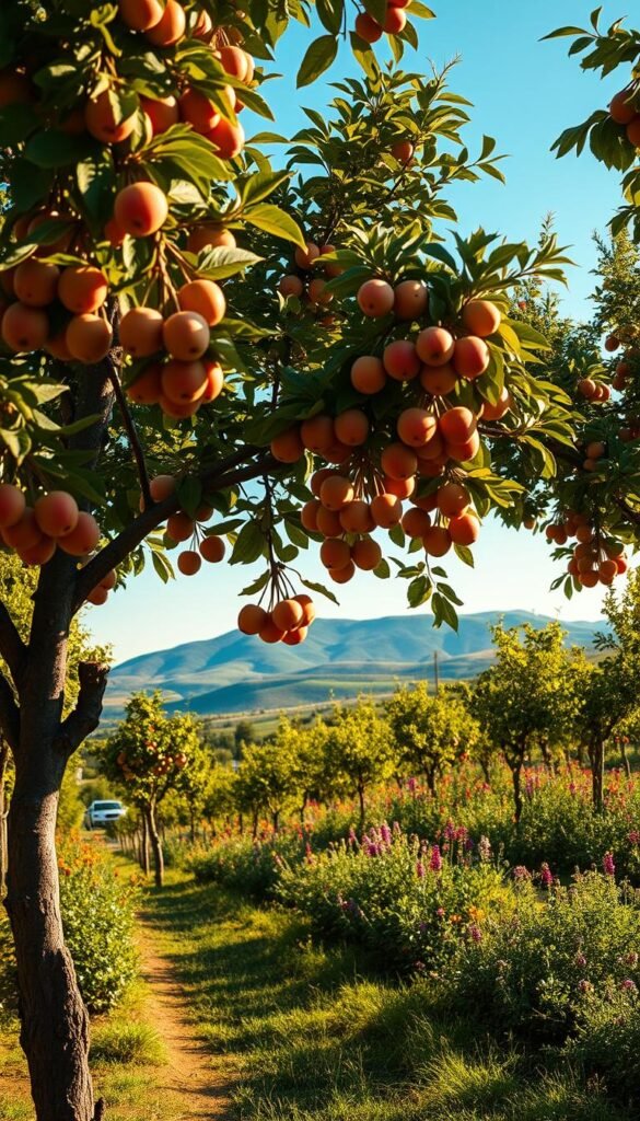 A peaceful orchard scene, with chill hours fruit trees in the foreground. The trees are laden with ripe, vibrant fruits, their branches gently swaying in a soft breeze. The middle ground features a lush, well-tended garden, bursting with a variety of colorful flowers and herbs. In the background, rolling hills and a clear, blue sky create a serene, tranquil atmosphere. The lighting is warm and golden, casting a natural, inviting glow over the entire scene. The composition is balanced, with a sense of depth and harmony, capturing the essence of an ideal climate-appropriate fruit garden.