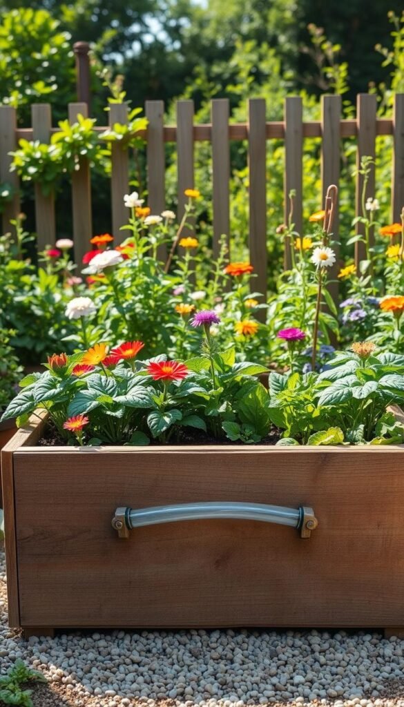 A perfectly constructed bucket garden drainage system set against a lush, verdant background. In the foreground, a weathered wooden planter box houses a thriving array of vegetables, with a meticulously designed drainage system of translucent tubing and strategically placed gravel. The middle ground showcases a captivating array of flowering plants, their vibrant colors complementing the earthy tones of the planter. In the background, a sun-dappled fence and a verdant, well-tended garden create a serene, tranquil atmosphere. The lighting is soft and natural, accentuating the textures and details of the materials used. The overall composition conveys a sense of harmony, efficiency, and the joy of urban gardening.