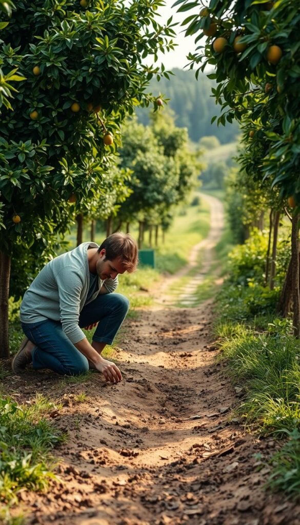 A person kneeling on the ground, closely examining the soil, surrounded by lush greenery and mature fruit trees. The scene is bathed in soft, natural lighting, creating a serene and contemplative atmosphere. In the background, a well-tended garden path winds through the verdant landscape, inviting further exploration. The person's posture and focused gaze convey a sense of careful assessment, as they evaluate the soil's texture, moisture, and potential for supporting thriving fruit trees. The image captures the essential elements of assessing outdoor space and soil conditions for incorporating fruit plants into an existing landscape.