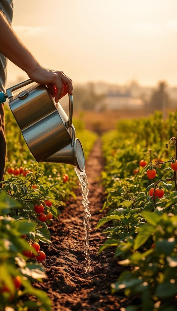 A person standing in a lush, sun-dappled vegetable garden, gently watering their plants with a long-handled watering can. The foreground shows the person's hands carefully directing the flow of water onto the soil, while the middle ground reveals rows of flourishing tomato, pepper, and leafy green plants. The background showcases a warm, hazy sky with a few wispy clouds, creating a serene, summery atmosphere. The lighting is soft and natural, with warm highlights and shadows that emphasize the garden's textures and vibrant colors. The camera angle is slightly elevated, giving a sense of a calm, tranquil moment in this well-tended, heat-tolerant garden.