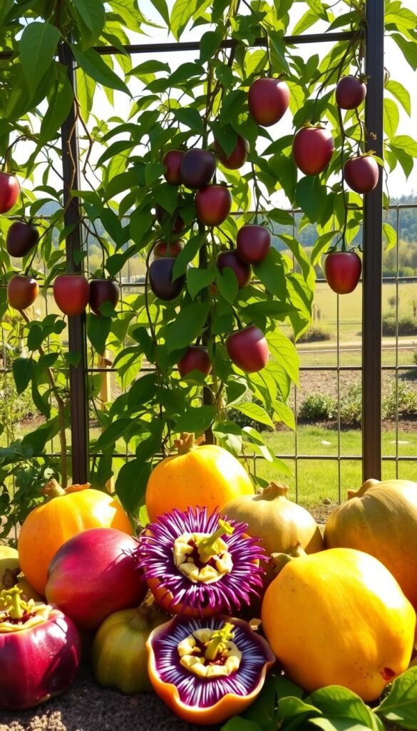 A photorealistic comparison of several passionfruit varieties displayed in a garden setting. The foreground features a collection of passionfruit specimens, showcasing their unique shapes, colors, and textures. The middle ground depicts lush, verdant vines climbing a sturdy trellis structure, highlighting the plants' growth habits. The background showcases a serene, sunlit garden landscape, creating a natural and inviting atmosphere. The lighting is warm and directional, casting soft shadows and enhancing the vibrant hues of the passionfruit fruits and foliage. The composition is balanced and visually striking, allowing the viewer to appreciate the diversity and characteristics of these captivating passionfruit varieties.