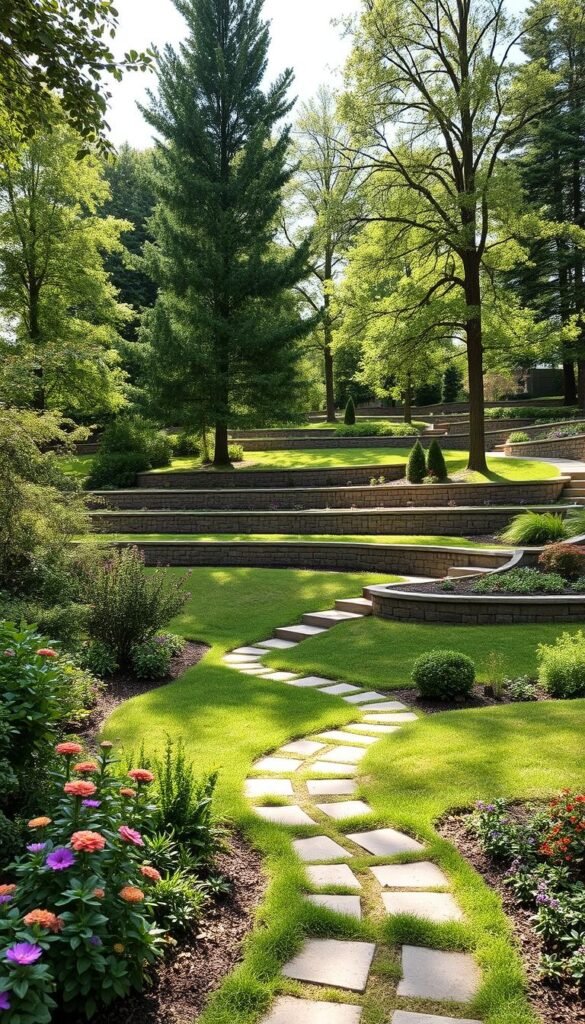 A picturesque sloped yard with undulating terrain, featuring a serene garden path winding through lush vegetation. In the foreground, vibrant flowering plants dot the uneven landscape, while in the middle ground, a series of carefully constructed retaining walls create stepped terraces. Tall, verdant trees line the perimeter, casting dappled sunlight and gentle shadows across the scene. The overall mood is one of tranquility and natural harmony, showcasing the unique challenges and opportunities presented by a sloped yard environment.