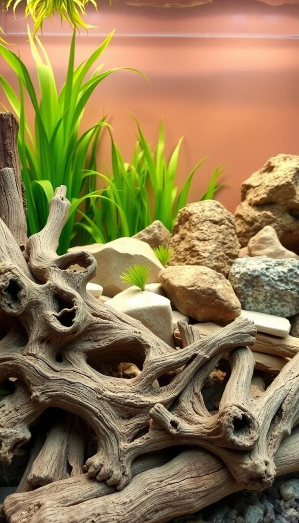 A polished, thoughtfully designed aquarium hardscape featuring a combination of natural elements. In the foreground, an array of weathered driftwood pieces with intricate textures and patterns, arranged in a visually striking composition. In the middle ground, a mix of smooth river rocks and textured stone formations, strategically placed to create visual depth and interest. The background showcases a lush, verdant backdrop of aquatic plants, gently swaying in the current. Warm, indirect lighting casts a soft, natural glow, accentuating the earthy tones and shadows of the hardscape. The overall scene conveys a sense of tranquility and balance, creating an inviting and visually captivating indoor water garden.