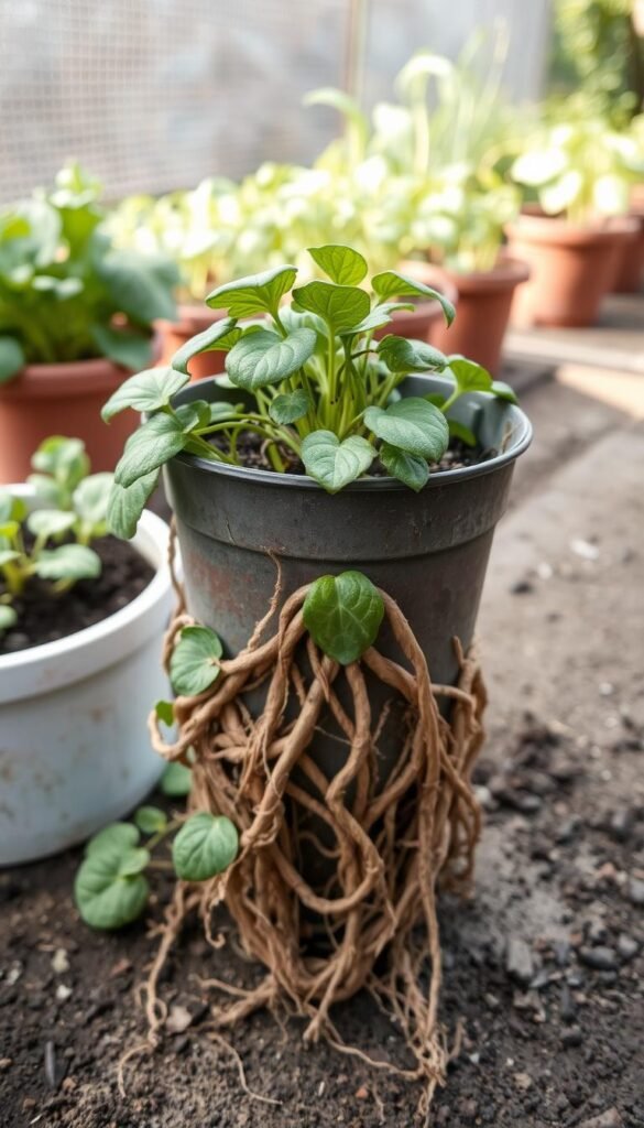 A potted plant with its roots entangled and spiraling around the container, creating a visually striking "root-bound" effect. The plant's leaves appear slightly wilted, indicating the strain of being confined. In the background, a well-tended vegetable garden thrives, highlighting the contrast between the healthy, properly-sized containers and the struggling root-bound plant. The lighting is soft and natural, conveying a sense of care and attention. The angle captures the plant's predicament from a slightly elevated perspective, inviting the viewer to closely examine the issue. The overall atmosphere suggests the importance of choosing the right container size to prevent this common pitfall in container gardening.