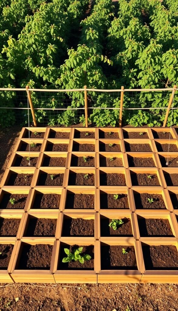 A precise, carefully constructed square foot garden grid layout, featuring a meticulously organized arrangement of planting beds divided into 12-inch square sections. The grid is depicted from an elevated, isometric perspective, illuminated by warm, natural daylight casting gentle shadows. The wooden raised beds are adorned with clean, geometric lines, creating a visually appealing and functional design. The background showcases a lush, verdant environment, with vibrant foliage and a sense of tranquility, emphasizing the harmony between the structured garden layout and the natural surroundings.