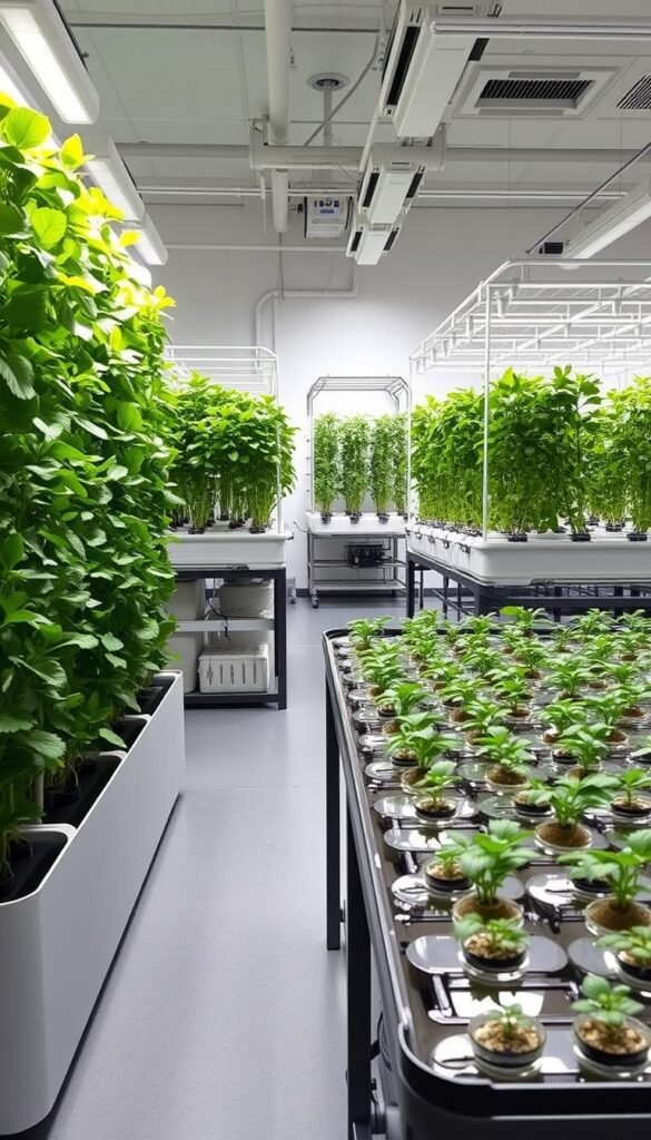 A pristine, well-lit hydroponics laboratory showcasing an array of soilless cultivation systems. In the foreground, a sleek, modern vertical farming setup with lush, verdant plants thriving in nutrient-rich solutions. Beside it, a bountiful deep water culture system, its clear reservoirs revealing the intricate root structures. In the middle ground, a meticulously organized flood and drain table, water gently ebbing and flowing through the carefully curated plant beds. In the background, a sophisticated aeroponics system, its mist-filled chambers nourishing the suspended roots. The scene exudes a sense of scientific exploration and innovative gardening, perfect for illustrating the diverse world of hydroponic system types.