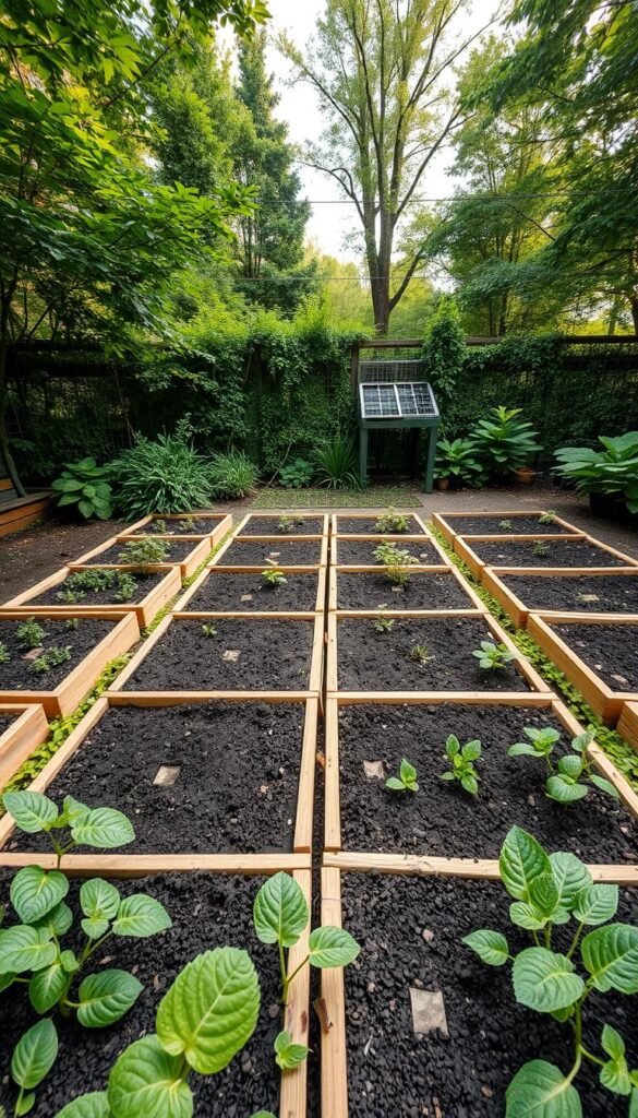 A raised garden bed grid system in a lush, verdant backyard. The beds are arranged in a grid pattern, each section clearly delineated with wooden frames. The soil is dark and rich, inviting plants to thrive. Soft, natural light filters through the surrounding foliage, casting subtle shadows across the raised beds. The layout is neat and organized, with a sense of order and intention. The overall atmosphere is calm, serene, and conducive to productive gardening. A wide, low-angle view captures the full expanse of the square foot garden layout, emphasizing the efficient and practical design.