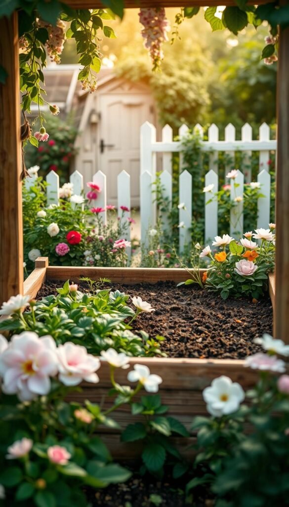 A raised vegetable garden bed nestled in a lush, romantic cottage garden. In the foreground, a well-crafted wooden frame filled with rich, dark soil and flourishing plants - leafy greens, vibrant flowers, and cascading vines. The middle ground showcases a variety of complementary blooms in soft pastel hues, creating a harmonious color palette. In the background, a charming picket fence frames the scene, with a glimpse of a rustic shed or greenhouse beyond. Soft, warm lighting filters through the foliage, casting a dreamy, inviting atmosphere. The overall composition evokes a sense of whimsical, rustic elegance, perfectly capturing the essence of a cottage vegetable garden.