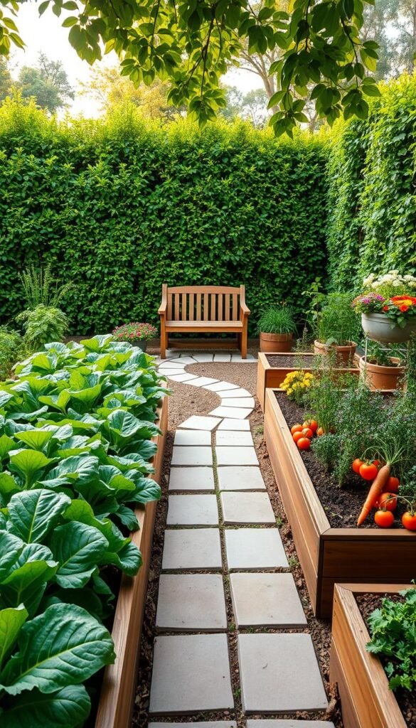 A raised vegetable garden layout with a functional design. In the foreground, neat rows of vibrant green leafy greens and vegetables such as kale, tomatoes, and carrots thrive in well-tended raised beds. The middle ground features a winding path of natural stone tiles, leading the eye towards a small sitting area with a wooden bench and planters overflowing with colorful flowers. In the background, a lush, verdant hedge frames the scene, creating a sense of privacy and enclosure. Dappled sunlight filters through the leaves, casting a warm, inviting glow over the entire layout. The composition is balanced, with clean lines and a harmonious color palette that evokes a sense of tranquility and productivity.