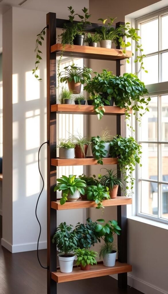 A rustic, DIY vertical garden rack with reclaimed wood shelves and metal frames, showcasing lush greenery of various potted plants such as succulents, herbs, and trailing vines. The rack is placed in a well-lit, airy space with warm, natural lighting filtering through large windows, casting a cozy, inviting atmosphere. The shelves are arranged in a staggered, asymmetrical layout, creating visual interest and a modern, minimalist aesthetic. Detailed textures of the weathered wood and matte metal finish add depth and character to the scene. The overall composition highlights the space-saving, budget-friendly nature of this custom vertical gardening solution.