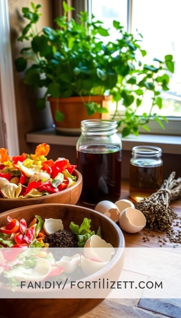 A rustic kitchen counter showcases an assortment of DIY fertilizer ingredients. In the foreground, a wooden bowl overflows with vibrant vegetable scraps, eggshells, and coffee grounds. In the middle ground, a glass jar filled with nutrient-rich compost tea sits next to a bundle of dried herbs. The background features a window overlooking a lush, thriving container garden, bathed in warm, natural light. The overall scene conveys a sense of sustainable, homemade abundance - a celebration of the cycle of life in the kitchen garden.