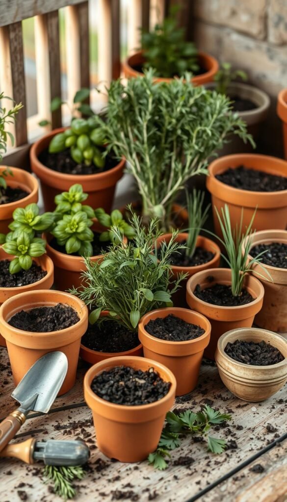 A rustic still life arrangement showcasing the essentials for growing herbs in containers. In the foreground, an assortment of terracotta pots and planters in various sizes, each filled with rich, dark soil. Scattered amongst the pots, small gardening tools like trowels and pruning shears. In the middle ground, the lush foliage of thriving herb plants - fragrant basil, rosemary, and chives - sprouting from the soil. Soft, natural lighting illuminates the scene, casting gentle shadows and highlights the earthy tones. The background is blurred, hinting at a serene, outdoor setting, perhaps a sheltered patio or balcony. An inviting, informative composition that evokes the satisfying experience of container herb gardening.