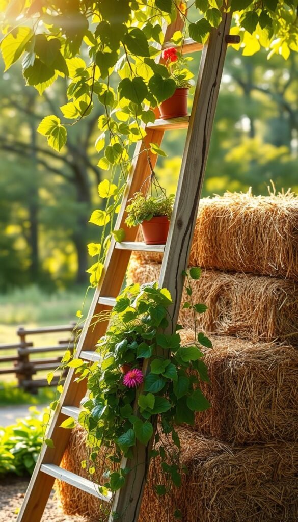 A rustic straw bale ladder garden set against a lush, verdant backdrop. The ladder, crafted from weathered wood, leans casually against the straw bales, its rungs spaced to accommodate small potted plants. Sunlight filters through the leaves of trailing vines, casting a warm, golden glow over the scene. In the foreground, leafy greens and vibrant flowers cascade down the ladder's steps, creating a vibrant, tiered display. The middle ground features additional straw bales, arranged in a staggered pattern to maximize vertical growing space. In the distance, a blurred woodland scene provides a natural, peaceful setting. The overall mood is one of rural charm and ingenious space-saving gardening.