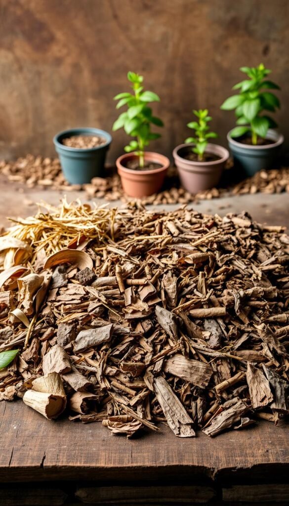 A rustic, well-lit still life showcasing an assortment of natural mulch materials. In the foreground, a variety of organic matter such as dried leaves, straw, wood chips, and shredded bark are neatly arranged on a weathered wooden surface. The middle ground features a few potted plants against a backdrop of earthy tones, conveying a sense of a small-scale garden or urban plot. Soft, directional lighting from the side illuminates the textures and colors of the mulch, creating depth and highlighting their natural beauty. The overall mood is one of simplicity, sustainability, and a connection to the earth.