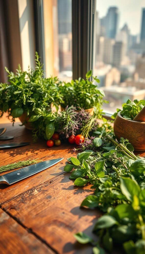 A rustic wooden table showcases an array of fresh herbs, their vibrant colors and textures accentuated by warm, natural lighting filtering through a window. In the foreground, an assortment of culinary tools - a sharp chef's knife, a spoon, and a mortar and pestle - hint at the creative culinary possibilities. In the middle ground, various herb sprigs, such as rosemary, thyme, and basil, are arranged in a visually appealing manner, inviting the viewer to imagine the delectable flavors and aromas they might impart. The background features a blurred cityscape, suggesting an urban setting, underscoring the idea of cultivating a bountiful herb garden in a small apartment space.