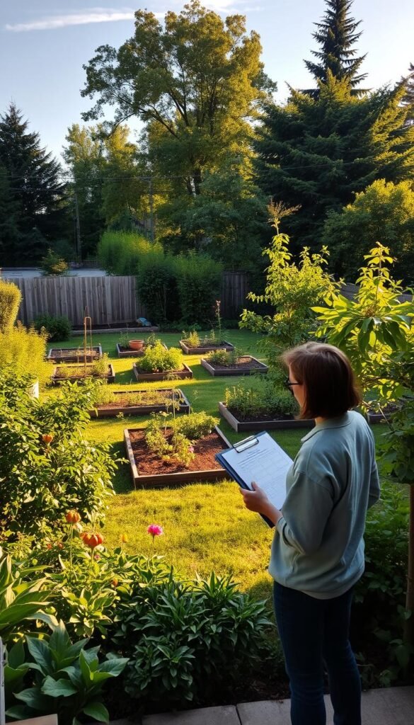 A serene backyard setting, the sun casting a warm glow over a verdant landscape. In the foreground, a person stands thoughtfully, clipboard in hand, surveying the area with a discerning eye. Lush, diverse foliage surrounds them, hinting at the potential for a thriving food forest. In the middle ground, raised garden beds and fruit trees dot the scene, suggesting the beginnings of a productive ecosystem. The background reveals a neatly fenced perimeter, with a few towering trees providing shade and a sense of enclosure. The overall atmosphere is one of contemplation and possibility, as the person considers the optimal placement of plants, paths, and other elements to create a self-sustaining, bountiful backyard oasis.