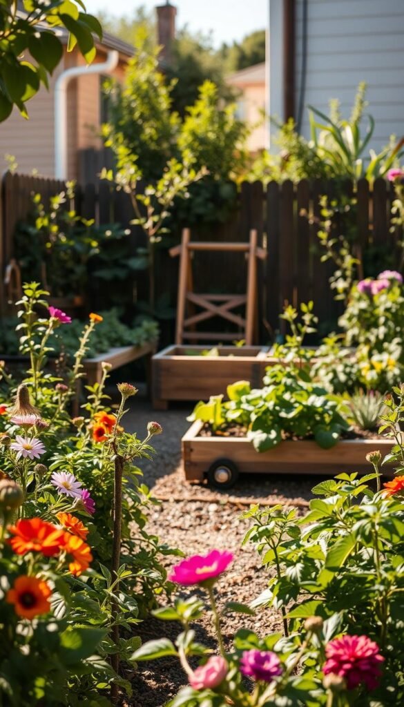 A serene garden nestled in a cozy backyard, with an attentive gardener carefully evaluating the available space. The foreground features lush greenery, vibrant flowers, and a well-tended vegetable patch. In the middle ground, a wooden planter box stands, hinting at the potential for container gardening. The background showcases the surrounding architecture, providing a sense of scale and context. Warm, natural lighting bathes the scene, casting soft shadows and highlighting the textures of the foliage. The gardener's expression conveys a thoughtful, contemplative mood as they plan their miniature fruit garden. Compositionally, the image is balanced, with the focal point of the gardener situated in a visually appealing manner.