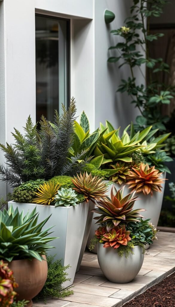 A serene garden oasis showcasing expertly designed shade-tolerant container plantings. A lush, textural assortment of foliage-focused plants in a variety of shapes, sizes, and hues arranged harmoniously within elegant, modern planter vessels. Soft, diffused lighting accentuates the plants' vibrant colors and intricate details, creating an inviting, tranquil atmosphere. The arrangement is photographed from a flattering angle, highlighting the balanced, visually compelling composition. An inspirational scene that demonstrates the beauty and versatility of container gardening in shaded areas.