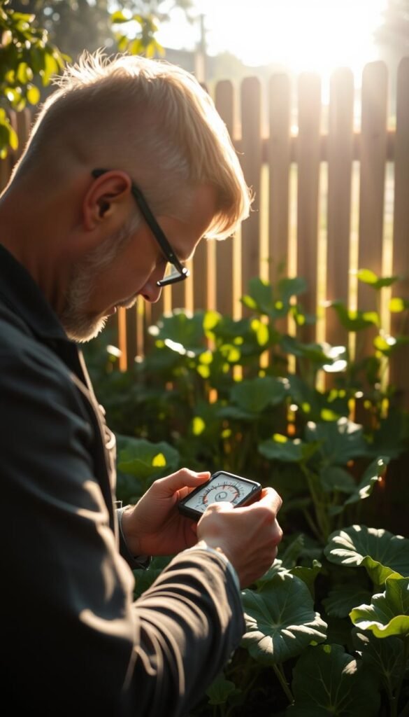 A serene garden scene capturing the essence of measuring sunlight hours. In the foreground, a gardener carefully examines a sun-tracking device, meticulously recording the day's light levels. The middle ground showcases lush, verdant vegetables thriving in the available sunlight, their leaves gently swaying. In the background, a wooden fence frames the scene, casting soft, natural shadows that interplay with the sunbeams. The lighting is soft and diffused, creating a calming, contemplative atmosphere. The camera angle is slightly elevated, providing a panoramic view that emphasizes the importance of understanding a garden's light conditions for successful low-light vegetable cultivation.