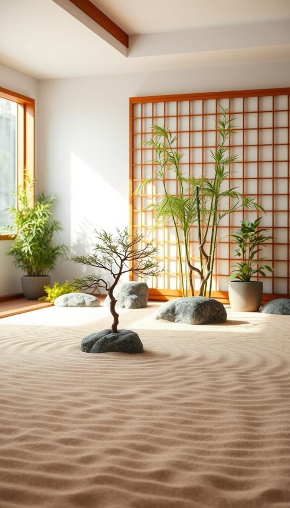 A serene indoor Zen garden bathed in soft, natural lighting. In the foreground, a carefully raked sand pattern creates a meditative landscape, with smooth river rocks and a single, graceful bonsai tree. The middle ground features lush, verdant foliage, including tall bamboo stalks and delicate potted plants. The background showcases a minimalist, shoji-inspired screen, its warm wooden tones complementing the overall tranquil atmosphere. An air of contemplation and inner peace pervades the scene, inviting the viewer to pause, breathe, and embrace the restorative benefits of this harmonious indoor sanctuary.
