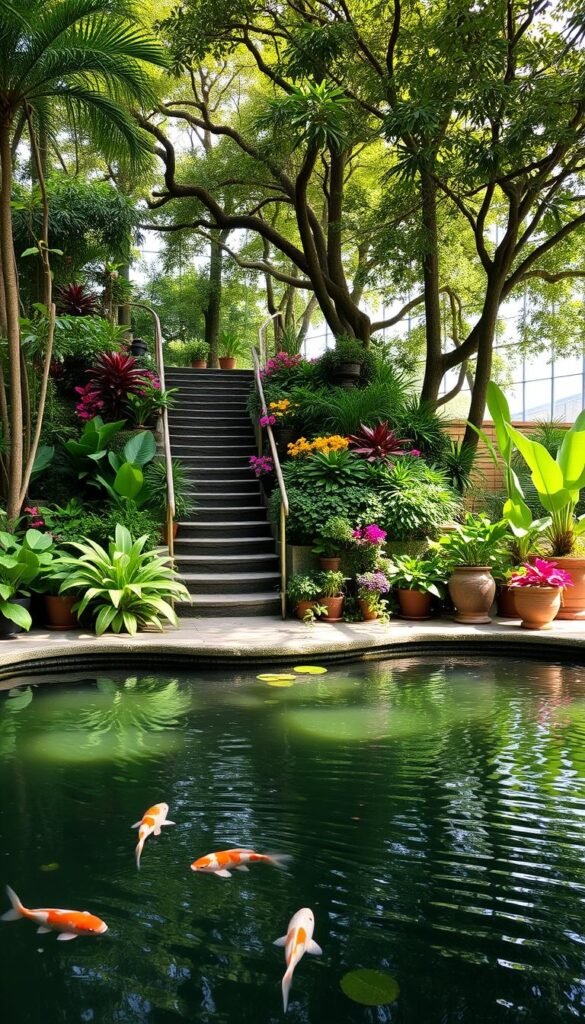 A serene indoor aquatic garden, showcasing a tranquil oasis of lush greenery and calming waters. In the foreground, a well-designed pond with gently rippling surface, home to vibrant koi fish and aquatic plants. Ascending from the water, a tiered arrangement of potted tropical foliage and blooming flowers, creating a verdant wall of natural beauty. The middle ground features a meandering stone pathway, inviting exploration, while the background is adorned with towering, leafy trees casting soft, natural lighting throughout the scene. An atmosphere of peaceful calm and mindful relaxation pervades the space, immersing the viewer in the embrace of this indoor aquatic sanctuary.