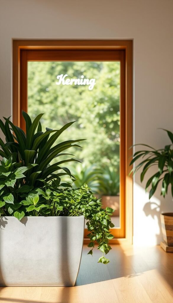 A serene indoor garden bathed in warm, natural lighting. In the foreground, lush, vibrant houseplants in various shades of green cascade over a minimalist, slate-gray planter. In the middle ground, a sleek, wood-framed window allows a view of an outdoor garden, its greenery blurring into the distance. The background features a clean, white wall accentuated by soft shadows, creating a sense of depth and tranquility. The overall atmosphere conveys the calming, rejuvenating benefits of bringing nature indoors, seamlessly blending minimalist aesthetics and verdant foliage.