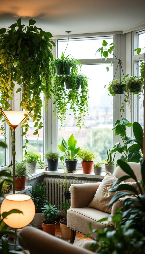 A serene indoor oasis bursting with lush greenery and natural light. In the foreground, a cozy reading nook adorned with thriving potted plants, a plush armchair, and a warm, diffused glow from a floor lamp. The middle ground showcases a variety of hanging vines, trailing succulents, and compact herb gardens nestled in window sills, creating a sense of biophilic tranquility. The background features a large bay window overlooking an urban skyline, blending the outdoors and indoors seamlessly. Soft, ambient lighting and a muted color palette evoke a calming, restorative atmosphere, capturing the benefits of an indoor gardening lifestyle.
