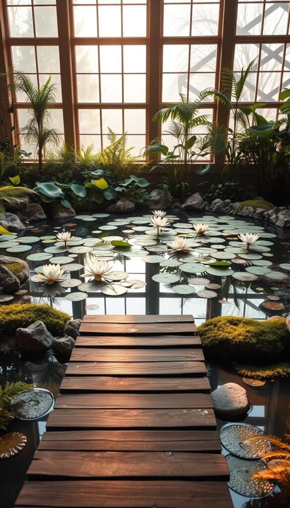 A serene indoor water garden, featuring a tranquil pond with floating lotus blossoms and lush aquatic plants. The scene is bathed in warm, natural lighting filtering through large windows, casting gentle reflections on the still water surface. In the foreground, a wooden footbridge leads visitors across the pond, inviting them to explore the calming oasis. Decorative stones, moss-covered rocks, and water-loving ferns create a harmonious, low-maintenance landscape. The overall atmosphere is one of peaceful contemplation, an urban retreat from the everyday hustle.
