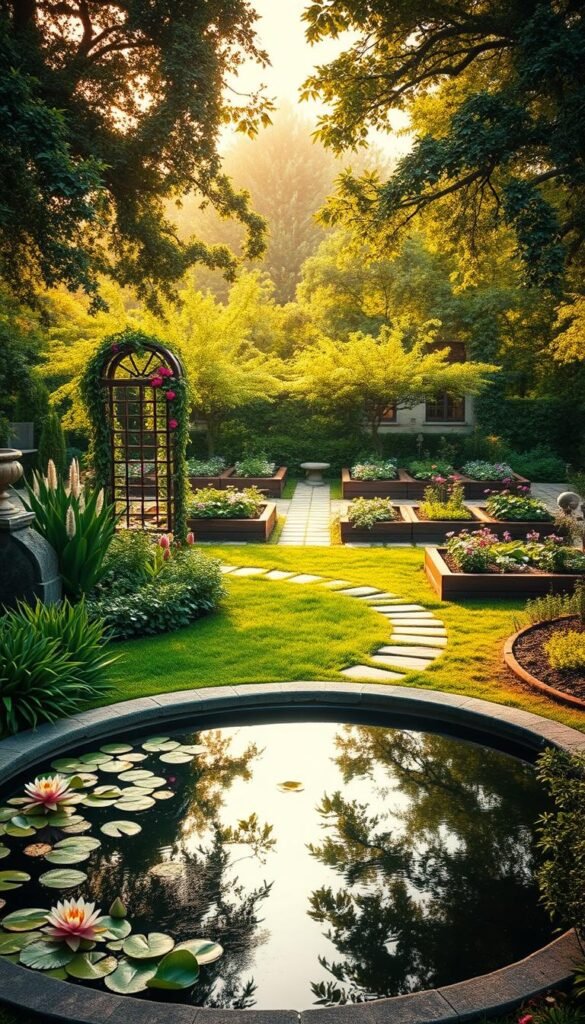 A serene, inviting focal point garden nestled in a lush, verdant landscape. In the foreground, a tranquil pond reflects the surrounding foliage, its surface dotted with water lilies. A gently curving stone path leads the eye towards a stunning trellis, adorned with cascading vines and vibrant blooms. The middle ground features a harmonious arrangement of raised garden beds brimming with an array of thriving fruit trees and companion plants. Warm, diffused sunlight filters through the canopy of mature trees, casting a soft, natural glow across the scene. The overall composition exudes a sense of balance, order, and peaceful contemplation, perfectly suited to illustrate the essence of a well-designed fruit garden layout and its focal points.