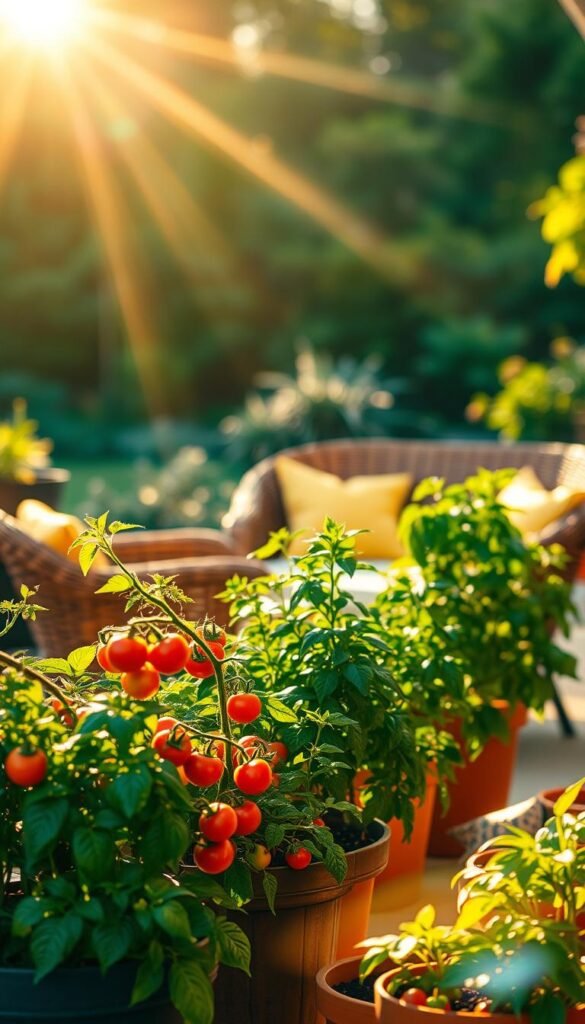 A serene patio setting, bathed in warm, golden sunlight. In the foreground, a collection of lush, vibrant potted plants - tomatoes, peppers, and other vegetables - thriving under the sun's gentle embrace. The middle ground features a cozy wicker furniture set, inviting relaxation and contemplation. In the background, a soft-focus view of a verdant garden or neighboring greenery, creating a sense of tranquility. The lighting is natural and diffused, with a hint of lens flare adding depth and drama. The overall atmosphere is one of peaceful productivity, inspiring the viewer to embark on their own potted garden adventure.