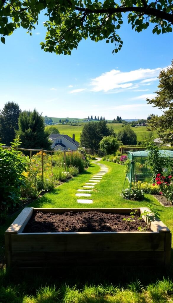 A serene, sun-dappled clearing in a lush, verdant garden, with an inviting raised garden bed positioned prominently in the foreground. The bed features sturdy, weathered wooden frames filled with rich, dark soil, ready to nourish a bountiful vegetable harvest. In the middle ground, a winding stone path leads the eye toward the bed, flanked by flourishing greenery and colorful blooms. The background showcases a picturesque landscape, with rolling hills, towering trees, and a clear, azure sky overhead, creating a tranquil, picturesque setting that inspires and encourages sustainable gardening.