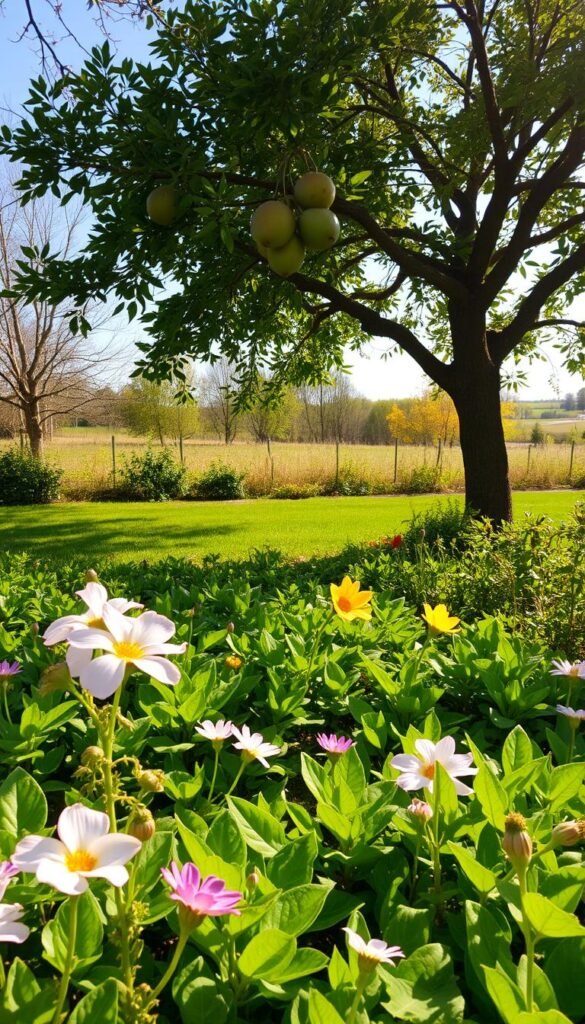 A serene, sunlit garden scene showcasing the seasonal shifts throughout the year. In the foreground, a lush carpet of vibrant green foliage gives way to blooming flowers - delicate petals in shades of pink, purple, and yellow. In the middle ground, a mature fruit tree laden with ripe, juicy produce casts dappled shadows on the ground below. Beyond, the landscape transitions through the seasons, with bare branches in winter, budding leaves in spring, and golden hues in autumn. The scene is captured with a wide-angle lens, conveying a sense of tranquility and the cyclical nature of the garden's life. Warm, natural lighting illuminates the scene, creating a soft, inviting atmosphere.