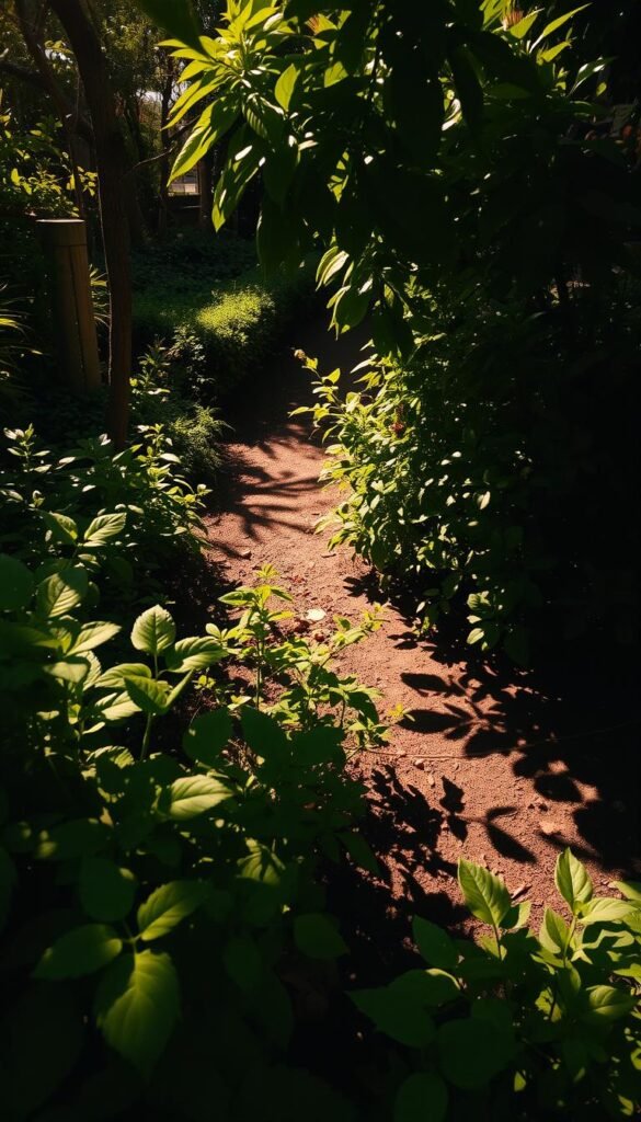 A serene urban garden, sunlight filtering through lush foliage. In the foreground, verdant plants cast intricate shadow patterns across the ground, inviting close observation. Midground showcases a variety of textures - rough bark, smooth leaves, delicate flowers. Warm, golden light bathes the scene, highlighting the natural beauty of this green oasis. The camera angle is slightly elevated, offering a contemplative bird's-eye view that encourages the viewer to assess the interplay of light and growth. An atmosphere of tranquility and mindful exploration pervades, guiding the observer to appreciate the small, telling details that make this urban space unique.