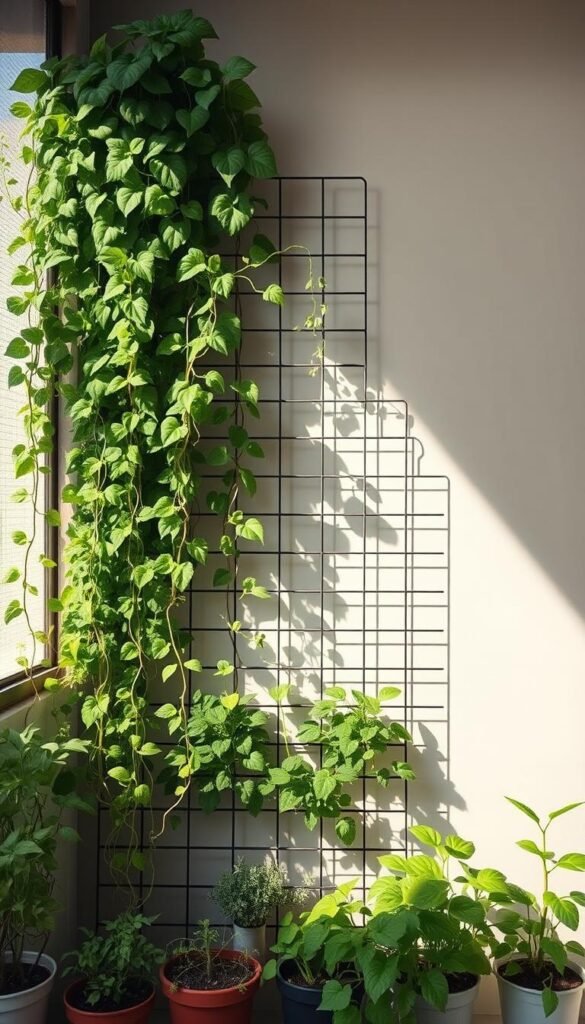 A serene vertical garden setup showcasing lush greenery cascading down a minimalist metal trellis against a sun-dappled backdrop. The foreground features an array of trailing vines, potted herbs, and compact leafy plants artfully arranged to maximize space. The middle ground displays a sleek, unobtrusive wire frame system supporting the verdant display, complemented by a neutral-toned wall. Soft natural light filters through the foliage, creating a tranquil, nature-infused ambiance. The overall composition emphasizes the versatility and space-saving potential of vertical gardening, an ideal solution for small urban dwellings.