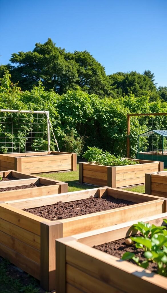 A serene, well-lit garden scene featuring several raised garden beds with an ergonomic design. The beds are elevated to a comfortable height, allowing for easy access and minimizing the need for bending or kneeling. The beds feature slatted, wooden surfaces and sturdy, angular frames that provide a modern, yet natural aesthetic. The beds are arranged in a visually pleasing layout, with ample spacing between them. The background showcases lush, verdant foliage and a clear, blue sky, creating a tranquil, restorative atmosphere. Diffuse, natural lighting gently illuminates the scene, highlighting the textures and details of the raised beds. The overall composition conveys a sense of functionality, comfort, and harmony between the garden and its human caretakers.
