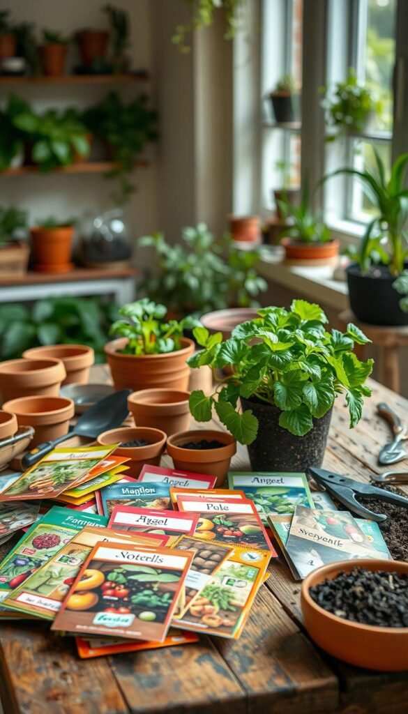 A serene, well-lit indoor setting with an assortment of gardening supplies on a rustic wooden table. In the foreground, a variety of seed packets in vibrant colors are arranged neatly, each with a distinct label. Surrounding the seeds are several terracotta pots of varying sizes, some empty and others filled with rich, dark soil, ready to nurture the chosen plants. A few gardening tools, such as trowels and pruning shears, are tastefully displayed, hinting at the care and attention required for a successful indoor vegetable garden. The middle ground features a lush, healthy-looking potted plant, its verdant leaves a testament to the power of carefully selected seeds and proper container gardening. The background showcases a warm, natural-lit space, with hints of greenery and natural textures, creating a cozy, inviting atmosphere for the indoor gardening endeavor.