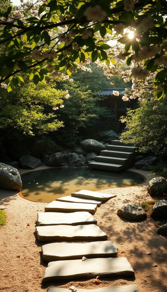 A serene zen garden scene basking in natural light. A tranquil stone pathway winds through lush greenery, leading to a shallow pool reflecting the soft illumination from above. Delicate cherry blossom petals gently drift in the air, creating a sense of peaceful harmony. Smooth river rocks and carefully raked sand patterns frame the inviting space, inviting the viewer to pause and find stillness. The warm glow of sunlight filters through the leaves, casting a warm, soothing ambiance throughout the intimate, meditative setting.