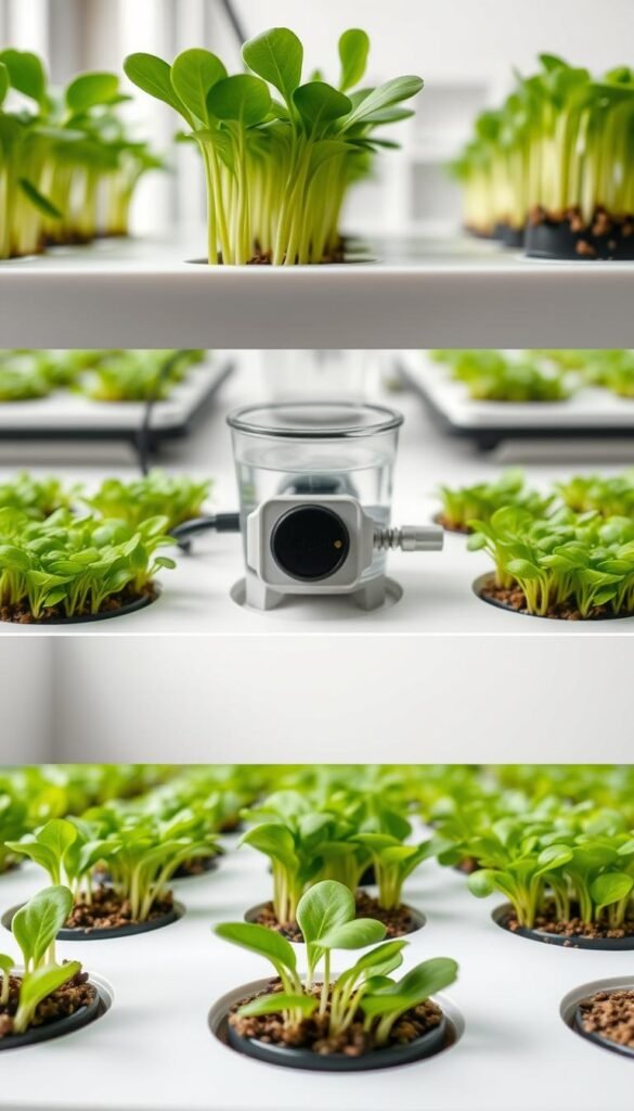 A series of four detailed hydroponic microgreens growth stages, shot in natural lighting with a macro lens. Foreground shows close-up views of mustard, fenugreek, and wheatgrass seedlings emerging from soil-free growing medium, gradually unfurling their vibrant green leaves. Middle ground highlights the nutrient-rich water reservoir and air pump powering the self-contained hydroponic system. Background depicts the organized growth trays in a minimalist indoor setting, creating a clean, scientific atmosphere. The overall aesthetic conveys the efficient, quick-harvest nature of this hydroponic microgreens cultivation method.