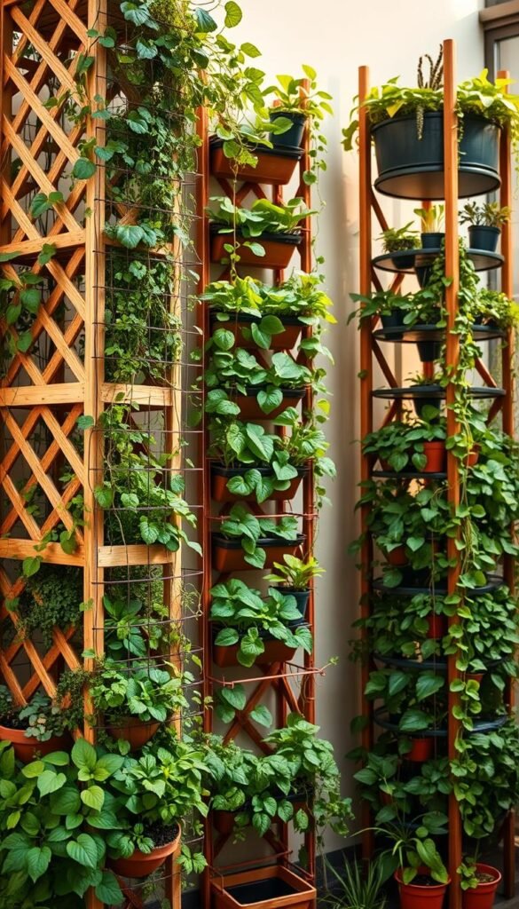 A series of vertical gardening structures stand tall, their intricate lattices and trellises supporting a lush tapestry of leafy vines and climbing plants. The foreground features a vibrant, tiered planter system with a mix of herbs, vegetables, and flowers, arranged in a harmonious, space-saving design. The middle ground showcases a vertical wall-mounted garden, its individual pockets overflowing with a diverse array of greenery. In the background, a freestanding tower-like structure holds a variety of potted plants, creating the illusion of a towering, self-contained ecosystem. The scene is bathed in warm, natural lighting, casting a gentle glow and enhancing the rich colors and textures of the verdant display. The overall composition conveys a sense of efficient, compact productivity, showcasing how vertical gardening techniques can maximize yield in limited urban or small-scale settings.